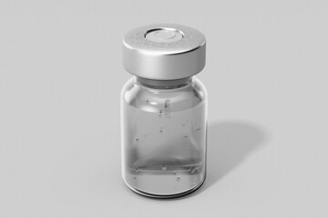 blank pharmacy and cosmetic injection clear glass vial bottle with liquid mockup template isolated in white grey background front top view