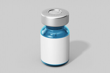 blank pharmacy and cosmetic injection blue colored glass vial bottle and silver metal cap with empty paper label mockup template isolated in white grey background front top view