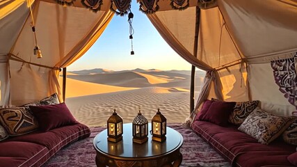 Cozy desert tent interior with plush seating and lanterns, overlooking serene sand dunes at sunset
