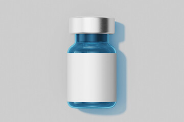 blank pharmacy and cosmetic injection blue colored glass vial bottle and silver metal cap with empty paper label mockup template isolated in white grey background top view