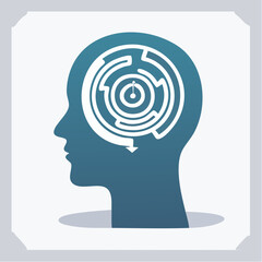 Head with an inner maze, visual metaphor for overthinking, circular thought, and mental stress, drawn in vector style.
