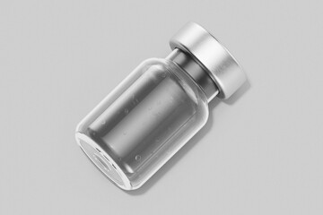 blank pharmacy and cosmetic injection clear glass vial bottle with liquid mockup template isolated in white grey background resting isometric view