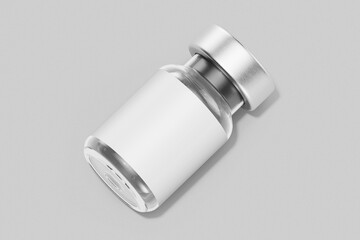 blank pharmacy and cosmetic injection clear glass vial bottle with paper label mockup template isolated in white grey background resting isometric view