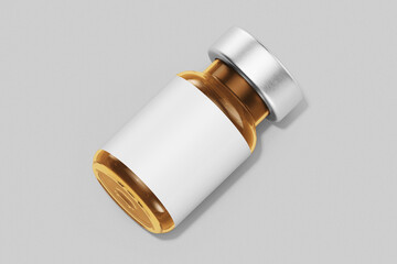 blank pharmacy and cosmetic injection amber colored glass vial bottle and silver metal cap with paper label mockup template isolated in white grey background isometric view