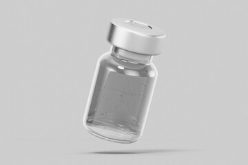 blank pharmacy and cosmetic injection clear glass vial bottle with liquid mockup template isolated in white grey background floating right view