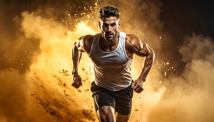 Muscular Man Running, Dust Explosion - Dramatic Lighting and Effects