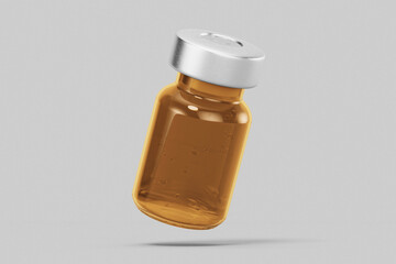 blank pharmacy and cosmetic injection amber colored glass vial bottle and silver metal cap with liquid mockup template isolated in white grey background floating right view