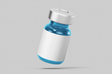 blank pharmacy and cosmetic injection blue colored glass vial bottle and silver metal cap with empty paper label mockup template isolated in white grey background floating right view