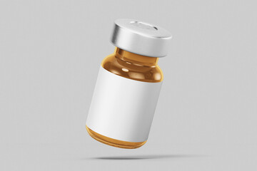 blank pharmacy and cosmetic injection amber colored glass vial bottle and silver metal cap with paper label mockup template isolated in white grey background floating right view