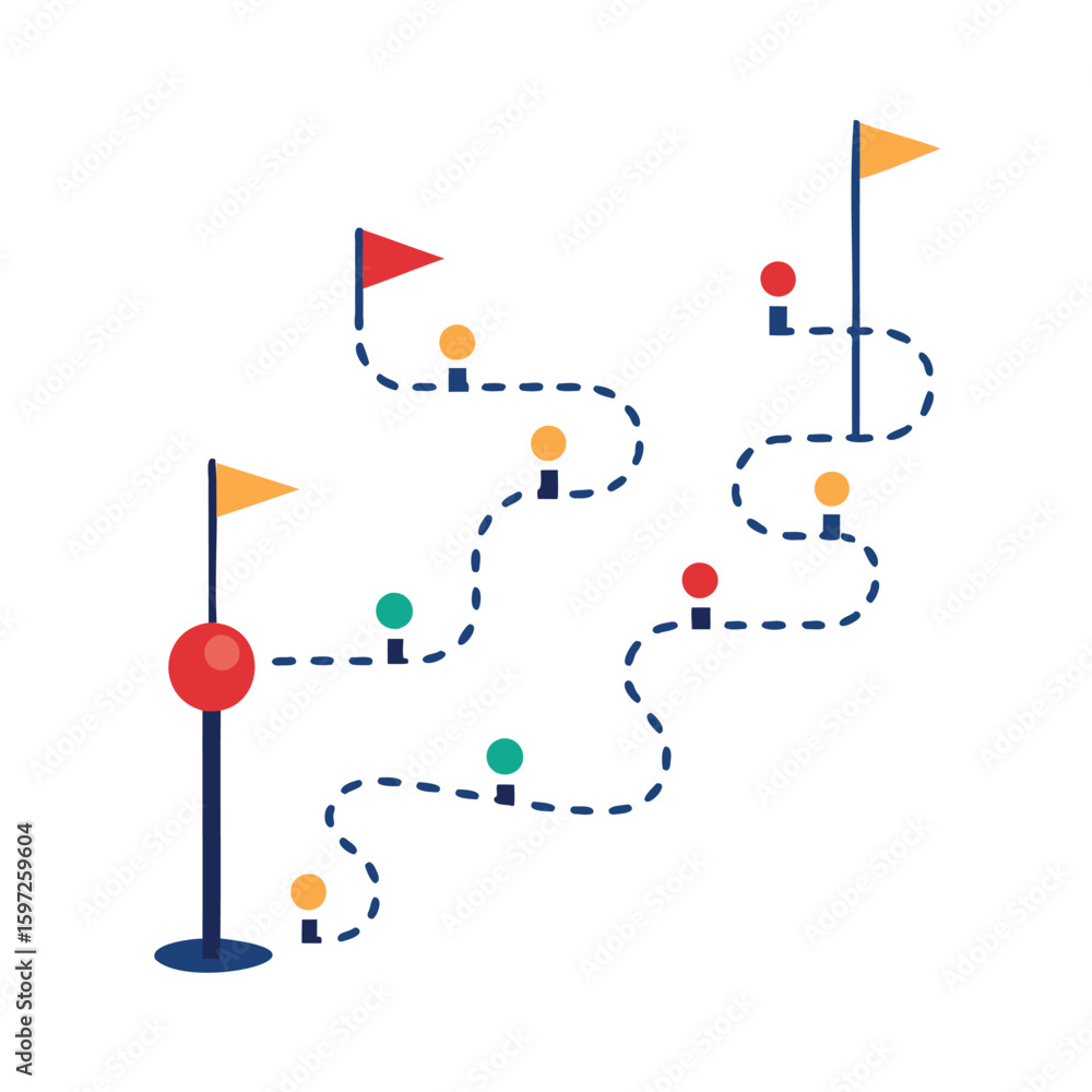 Poster colorful path with flags and checkpoints illustrating a journey