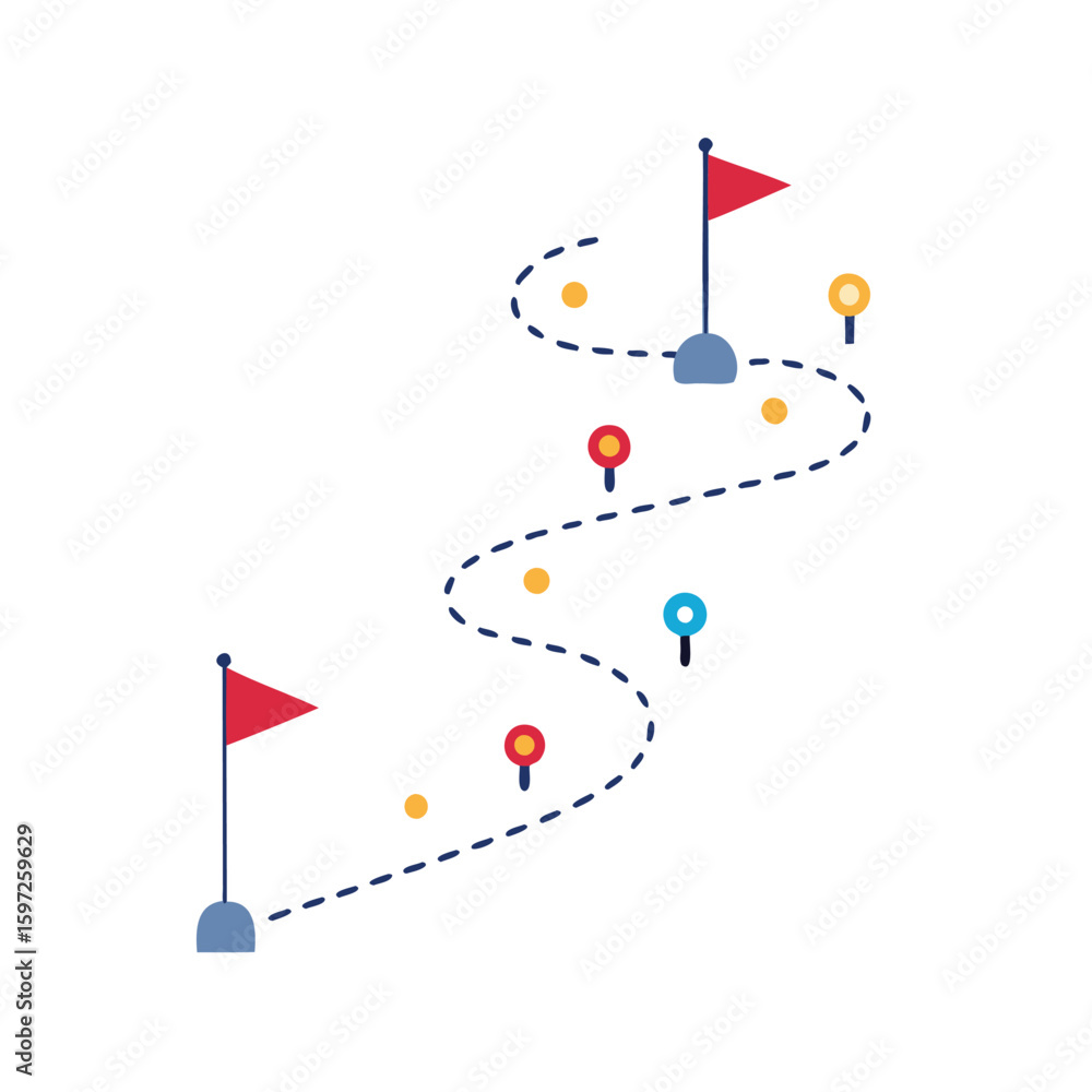 Poster illustrated winding path with flags and markers