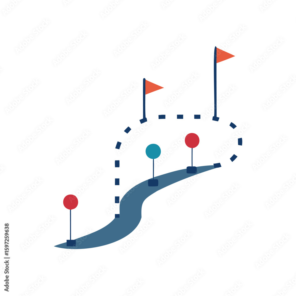 Poster illustrated path with flags and markers showing a journey