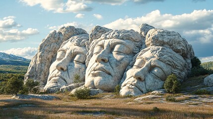 Fototapeta premium Stone Faces Sculpture, Mountain Landscape, Cloudy Sky