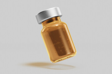 blank pharmacy and cosmetic injection amber colored glass vial bottle and silver metal cap with liquid mockup template isolated in white grey background floating left view 3d render