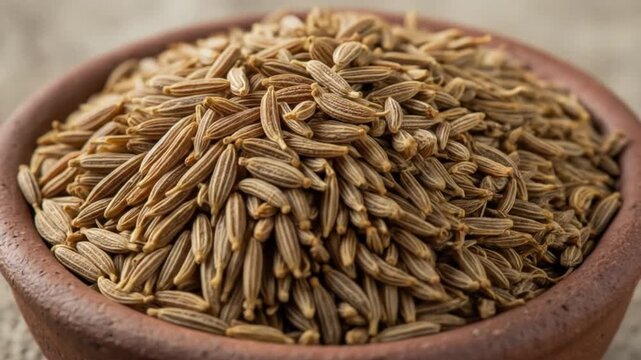 Aromatic Cumin Seeds: Close-Up View of  Earthy Spices in Rustic Bowl
