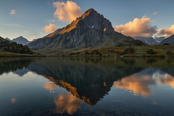 Majestic mountain peak illuminated by golden hour light reflected in a calm lake