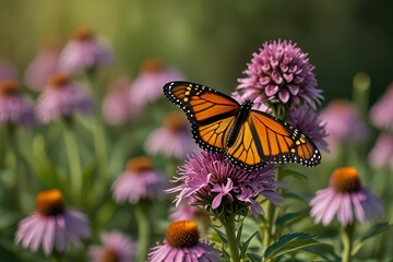 Naklejka premium Monarch butterfly resting on a purple coneflower in a sunny garden