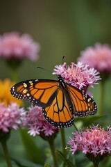 Obraz premium Monarch butterfly resting on a cluster of delicate pink flowers in a garden