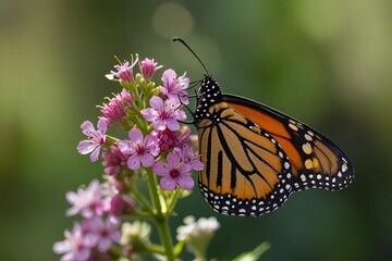 Fototapeta premium Monarch butterfly feeding on delicate pink flowers with a soft green background