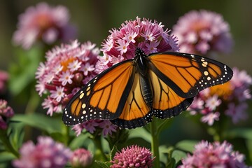 Fototapeta premium Monarch butterfly resting on a cluster of pink flowers in a garden