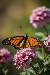 Naklejka premium Monarch butterfly resting on vibrant pink flowers in a garden