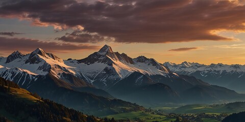 Majestic snow capped mountains bathed in golden sunset light
