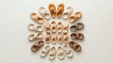 Assortment of Neutral Colored Baby Shoes in a Circle
