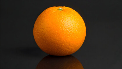 Single orange fruit with textured skin on a reflective black surface