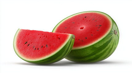 Juicy watermelon slices: A photorealistic close-up of a freshly cut watermelon, revealing its vibrant red flesh, speckled seeds, and refreshing appeal.