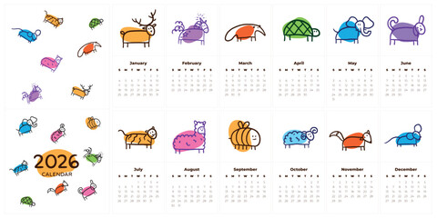 Classic monthly calendar with cartoon line art doodle hand drawn illustration of domestic and forest animals. New Year 2026. Unicorn, anteater, deer, dog, alpaca, tiger, turtle, mouse, ram, fox, bee