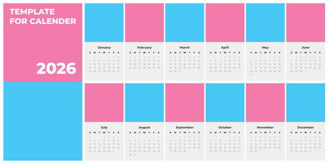 Vector editable template for agenda organizer square page with copy space and place for illustration. Classic monthly calendar with week starts on Sunday. Annual calendar planner for New Year 2026