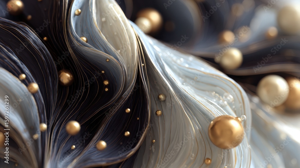 Poster abstract waves with golden spheres scattered on background image