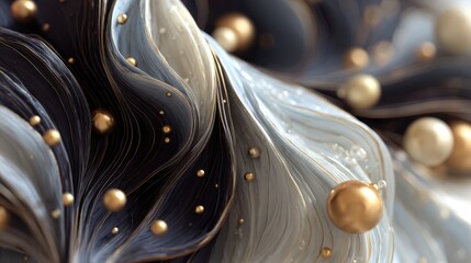 Abstract waves with golden spheres scattered on background image