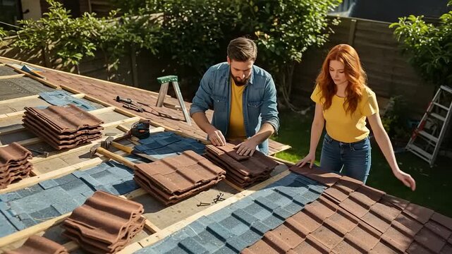 Two people installing roof tiles in a sunny backyard