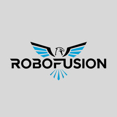 A logo featuring the word "ROBOFUSION" with an eagle icon above, wings spread, in black and blue, on a gray background.