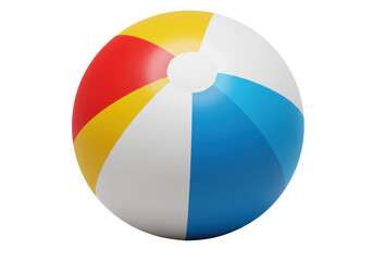 A vibrant beach ball with red, yellow, blue, and white stripes, floating against a clear sky, symbolizing summer fun