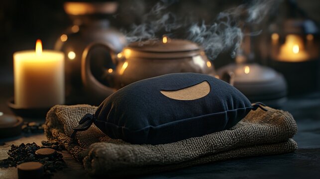 Steaming herbal compress on towel with candle and teapot - Powered by Adobe