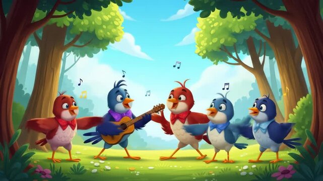 Animated Birds Singing and Dancing in a Sunny Forest Scene
