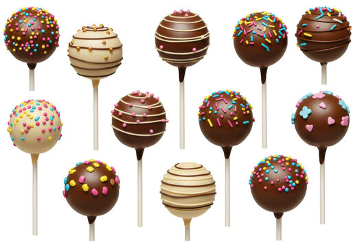 Assorted cake pops with colorful sprinkles arranged on a white background