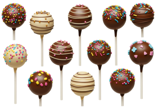 Assorted cake pops with colorful sprinkles arranged on a white background