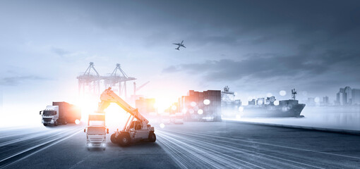 Container truck in ship port for business Logistics and transportation of Container Cargo ship and Cargo plane with working crane bridge, logistic import export and transport industry background
