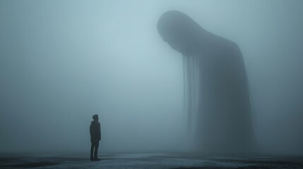 Person standing beneath a colossal ghostly figure on a white background, haunting and surreal