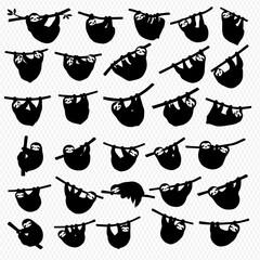 A collection of sloth silhouettes hanging from branches in various poses, creating a pattern against a transparent background. © Adji