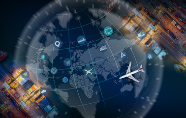 Aerial view and top view cargo plane flying above ship port coverage world map import-export business and logistics international goods. Shipping cargo to harbor by crane