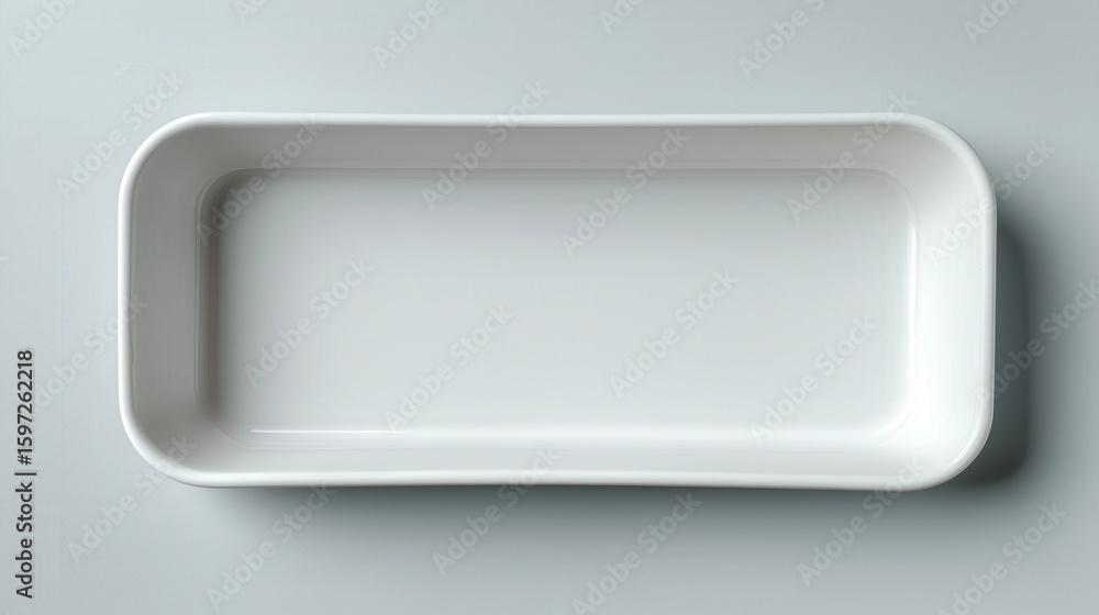 Poster a white plate with no food on it. the plate is rectangular and has a smooth surface. the plate is em