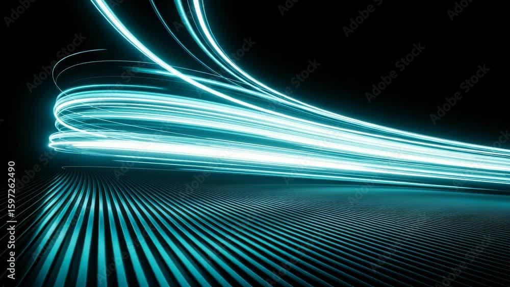 Poster abstract blue light trails creating a dynamic and futuristic pattern on a dark background