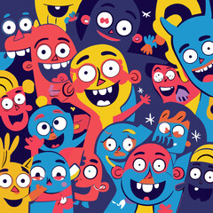 A vibrant illustration featuring a crowd of colorful, cartoonish characters with expressive faces.