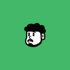 Cartoon face of a curly-haired man with a beard sticking out his tongue in sarcasm. Vector EPS character with bold lines and playful expression, perfect for stickers or branding