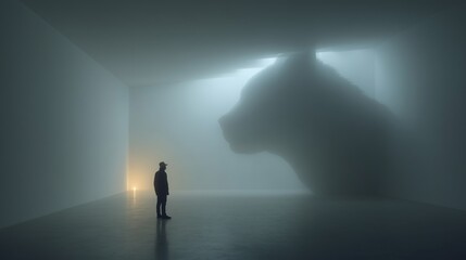 Human standing beneath a huge phantom shadow on a white minimalist scene, eerie and atmospheric