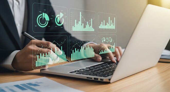 Businessperson Analyzing Data on Laptop with Holographic Charts